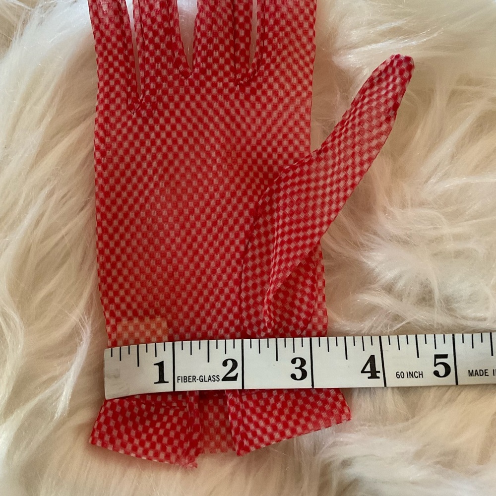 Vintage Inspired Sheer Nylon Mesh, Red/White Gingham Pattern Gloves, USA, Sz 7.5 - Picture 7 of 7